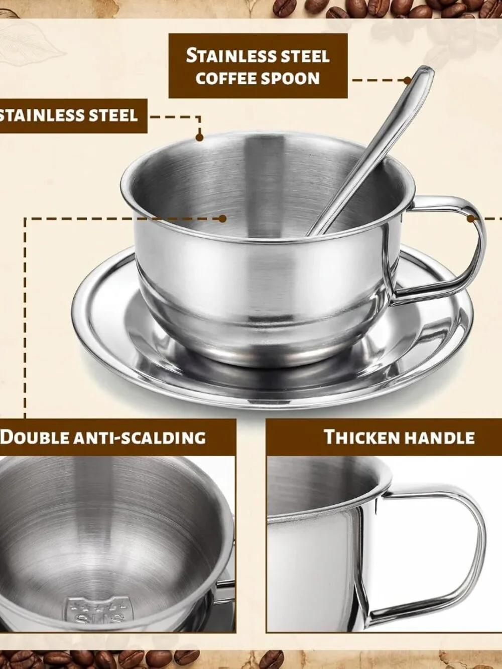 Stainless Steel Espresso Cup & Saucer Set, 12-Pack(1 Pack)